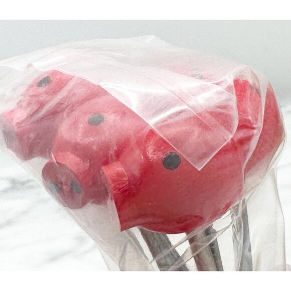 Vtg Perky Pig Snack Fork Set Red Hors D'oeuvre Appetizer 6 Forks Wood Japan New - Picture 6 of 10